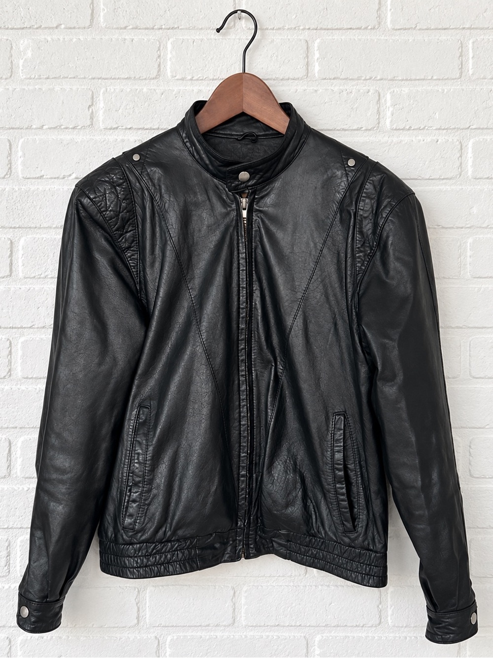 Vintage 1980 Philippe Monet Black Leather V-Front Bomber Jacket Men's S / Unisex